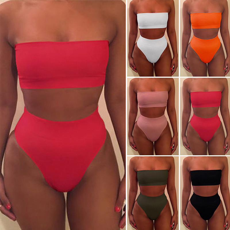 high waisted strapless bikini set